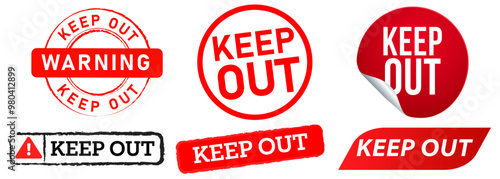 Keep out warning caution dangerous private area unauthorized disallowed stamp badge red sticker design set collection
