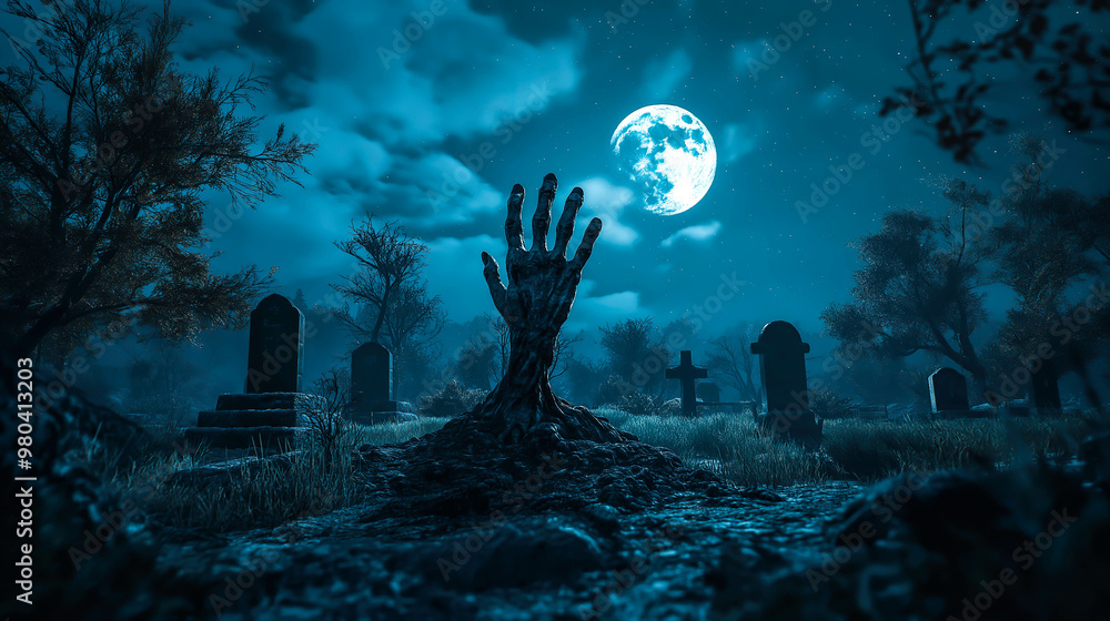 A decayed zombie hand rises from a grave under a full moon in a spooky graveyard. The concept conveys a chilling Halloween or supernatural theme. Generative AI. A decayed zombie hand rises from a grave under a full moon in a spooky graveyard. The concept conveys a chilling Halloween or supernatural theme. Generative AI.