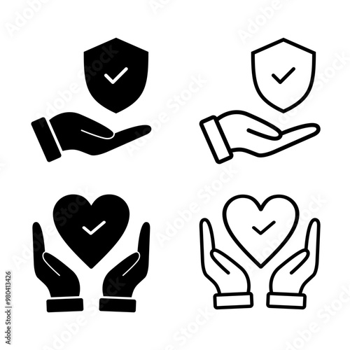 Insurance services. Hand with shield icon and two hands with love icon. Stroke style and solid icon are suitable for advertisement, infographics, web pages, mobile apps. Vector illustration