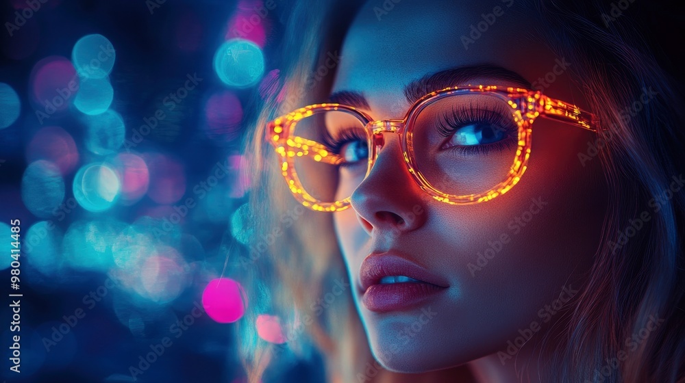 Woman with glowing glasses in a colorful bokeh background Woman with glowing glasses in a colorful bokeh background