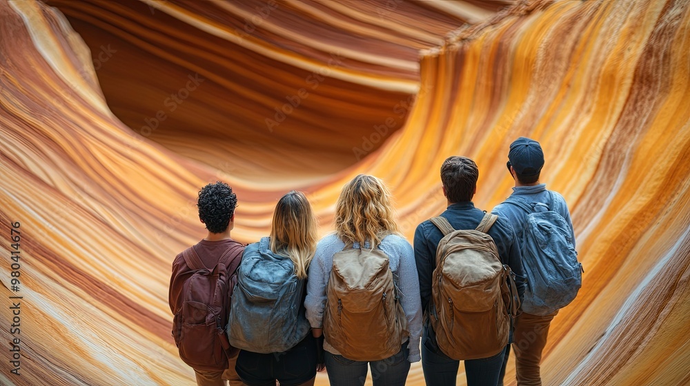 Four Hikers Facing Swirling Rock Formations Four Hikers Facing Swirling Rock Formations