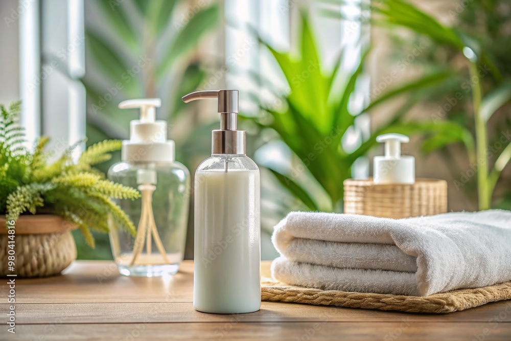 Mockup Presentation Template: Liquid Soap Bottle and Towels Indoor Background. Concept Mockup Presentation, Liquid Soap Bottle, Towels, Indoor Background Mockup Presentation Template: Liquid Soap Bottle and Towels Indoor Background. Concept Mockup Presentation, Liquid Soap Bottle, Towels, Indoor Background