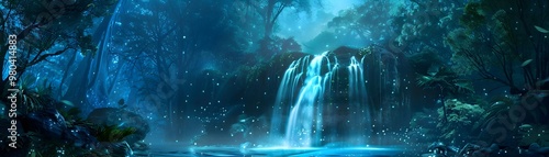 Captivating Bioluminescent Waterfall Cascading Through Glowing Forest at Peaceful Night