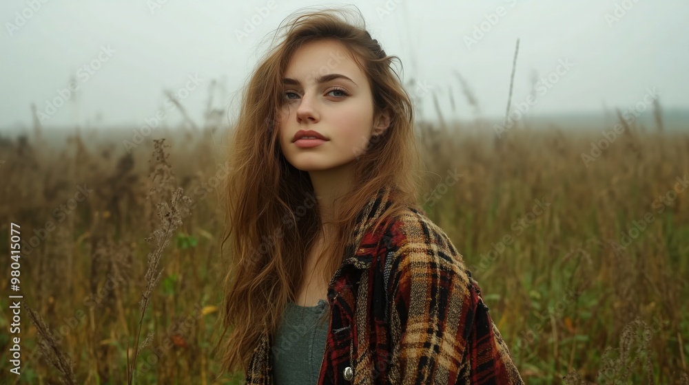 Contemplative young woman in a misty field for nature-themed prints and posters Contemplative young woman in a misty field for nature-themed prints and posters