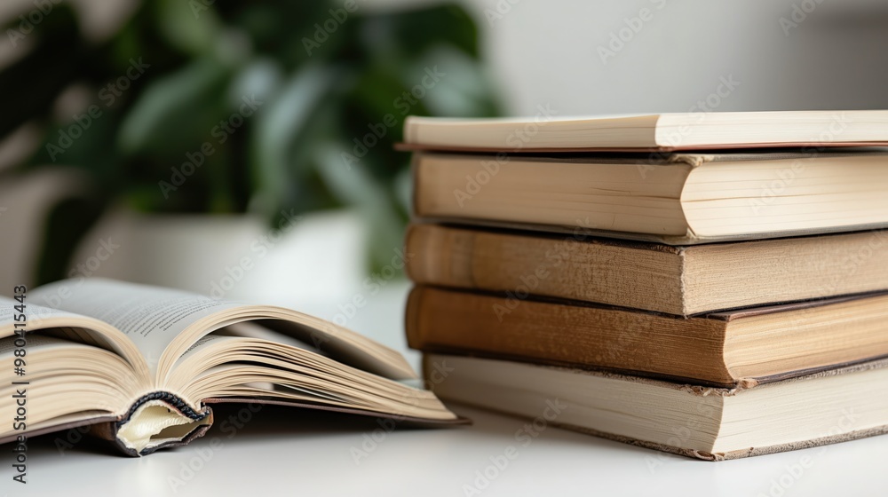 Cozy reading corner with open book and stack of hardcover novels for relaxation and study Cozy reading corner with open book and stack of hardcover novels for relaxation and study