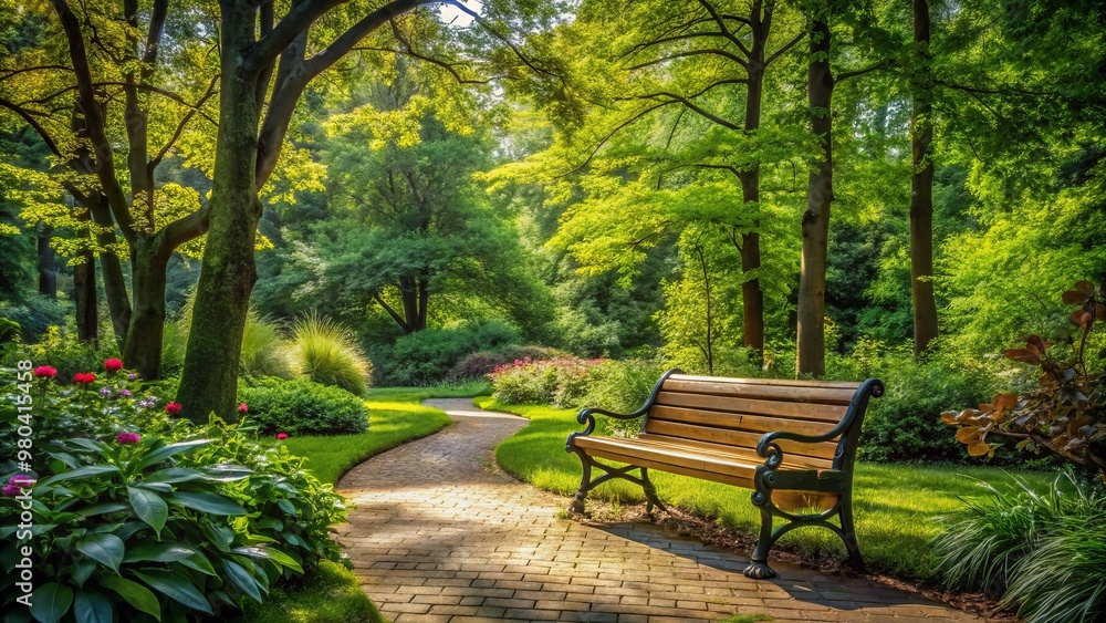 Vines and blooms converge to encircle a secluded bench, promising solitude and introspection, as the natural world Vines and blooms converge to encircle a secluded bench, promising solitude and introspection, as the natural world