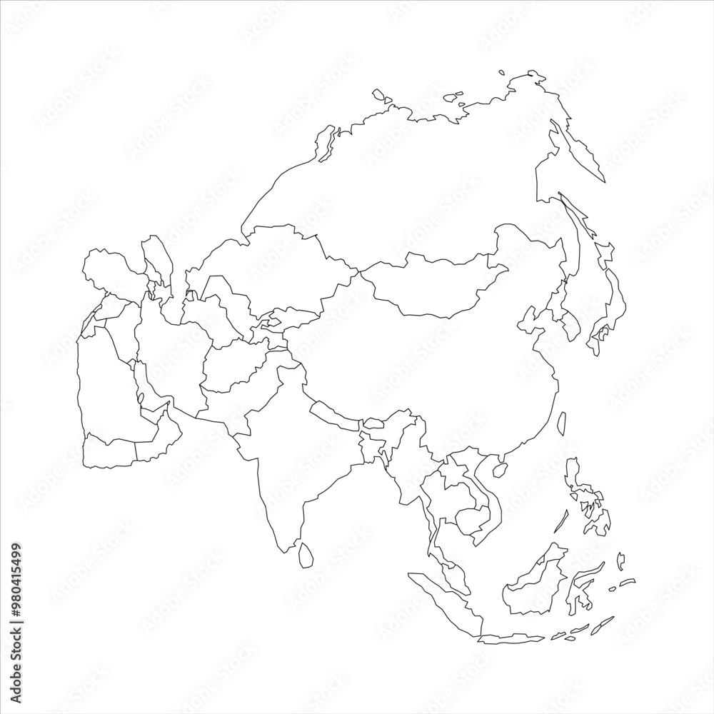This vector representation features the blank political map of Asia, showcasing the continent geographical outlines This vector representation features the blank political map of Asia, showcasing the continent geographical outlines