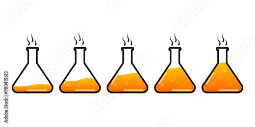 Set of glass bottles. Different color potion flat style on white background. Vector illustration. Design elements for game collection.