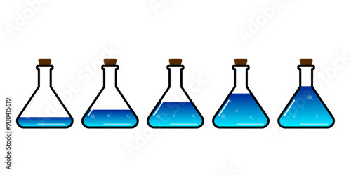 Set of glass bottles. Different color potion flat style on white background. Vector illustration. Design elements for game collection.