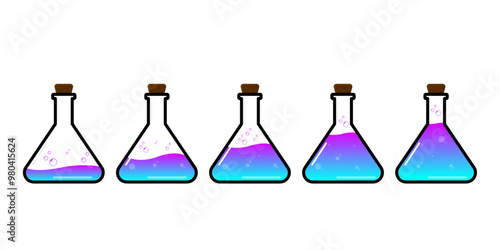 Set of glass bottles. Different color potion flat style on white background. Vector illustration. Design elements for game collection.