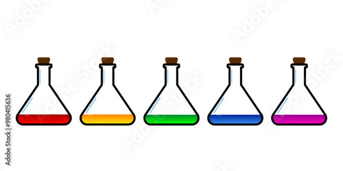 Set of glass bottles. Different color potion flat style on white background. Vector illustration. Design elements for game collection.