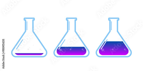 Set of glass bottles. Different color potion flat style on white background. Vector illustration. Design elements for game collection.