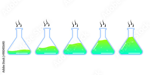 Set of glass bottles. Different color potion flat style on white background. Vector illustration. Design elements for game collection.