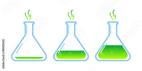 Set of glass bottles. Different color potion flat style on white background. Vector illustration. Design elements for game collection.