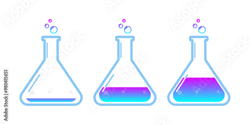 Set of glass bottles. Different color potion flat style on white background. Vector illustration. Design elements for game collection.