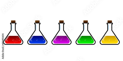 Set of glass bottles. Different color potion flat style on white background. Vector illustration. Design elements for game collection.