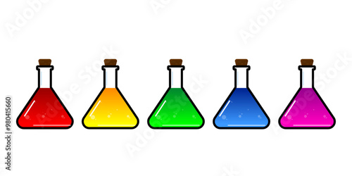 Set of glass bottles. Different color potion flat style on white background. Vector illustration. Design elements for game collection.