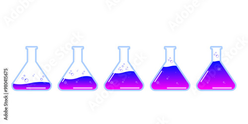 Set of glass bottles. Different color potion flat style on white background. Vector illustration. Design elements for game collection.