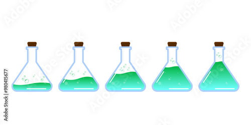 Set of glass bottles. Different color potion flat style on white background. Vector illustration. Design elements for game collection.