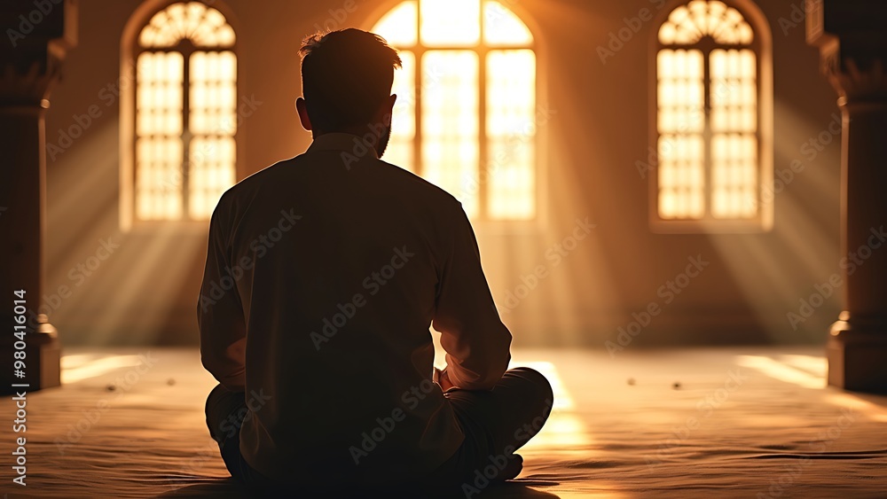 Serene prayer room with sunlight beams through windows, tranquil meditation space, spiritual indoor setting. Serene prayer room with sunlight beams through windows, tranquil meditation space, spiritual indoor setting.