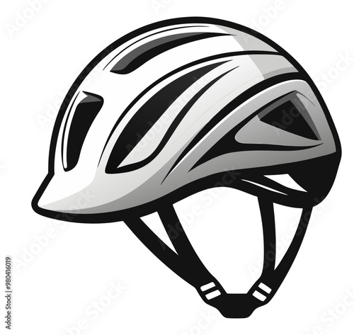 Vector illustration of a black and white racing bicycle and a motorcycle safety helmet. This includes an outline and an icon of a sports bicycle racing helmet.