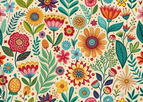Whimsical vintage floral pattern illustration featuring colorful organic nature design in seamless style, perfect for spring season decoration with abstract flower art.