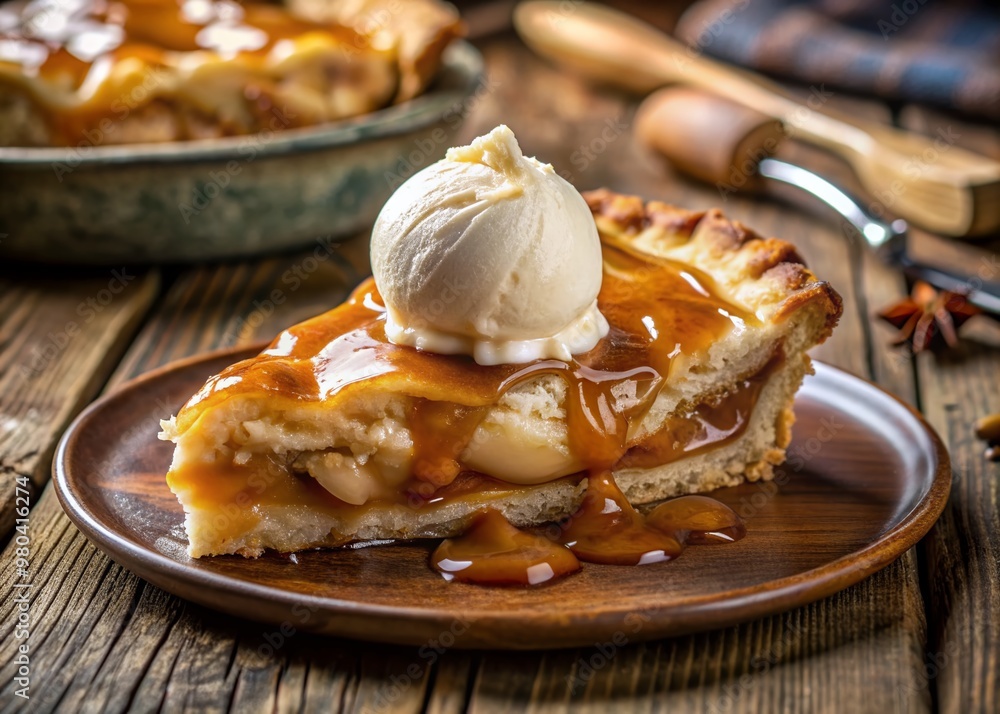 Golden-brown apple pie slice oozing with caramel sauce, topped with a generous scoop of creamy vanilla ice cream, against a warm, rustic background.
