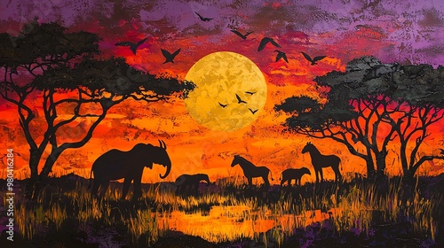 Silhouettes of African savanna animals at sunset, long shadows cast on golden grass, dramatic sky with vibrant oranges and purples, no text or logos