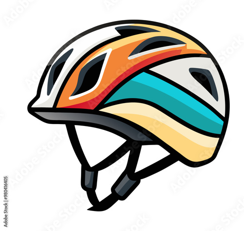 Vector illustration of a flat color racing bicycle and motorcycle safety helmet. Includes an outline and an icon of a sports bicycle racing helmet.