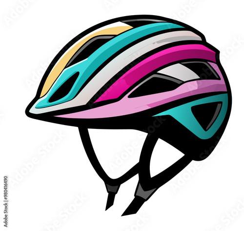 Vector illustration of a flat color racing bicycle and motorcycle safety helmet. Includes an outline and an icon of a sports bicycle racing helmet.