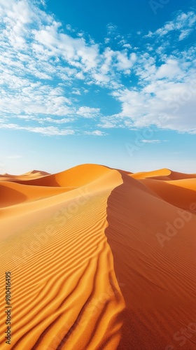 Vast sand dunes stretch across the Sahara Desert, illuminated by the warm colors of orange and yellow, contrasting beautifully with the clear blue sky