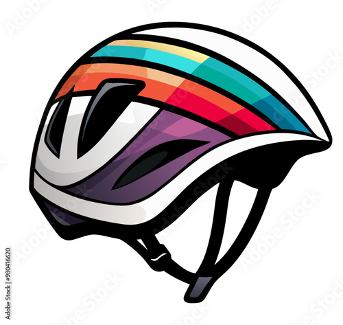 Vector illustration of a flat color racing bicycle and motorcycle safety helmet. Includes an outline and an icon of a sports bicycle racing helmet.