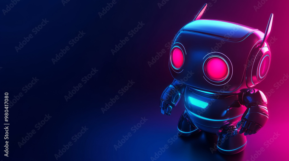Adorable neon cartoon robot. AI content creator. Chatbot technology, isometric. Tech and engineering. AI chatbot utilizing artificial intelligence and neural networks. Online training banner. Adorable neon cartoon robot. AI content creator. Chatbot technology, isometric. Tech and engineering. AI chatbot utilizing artificial intelligence and neural networks. Online training banner.