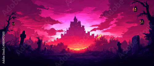 A Halloween night, filled with eerie carved pumpkins, a spooky graveyard, and a haunted castle silhouetted against the vibrant dusk sky, adorned with decorations and lanterns