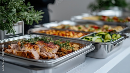 Elegant catering buffet display with variety of foods on table for event reception