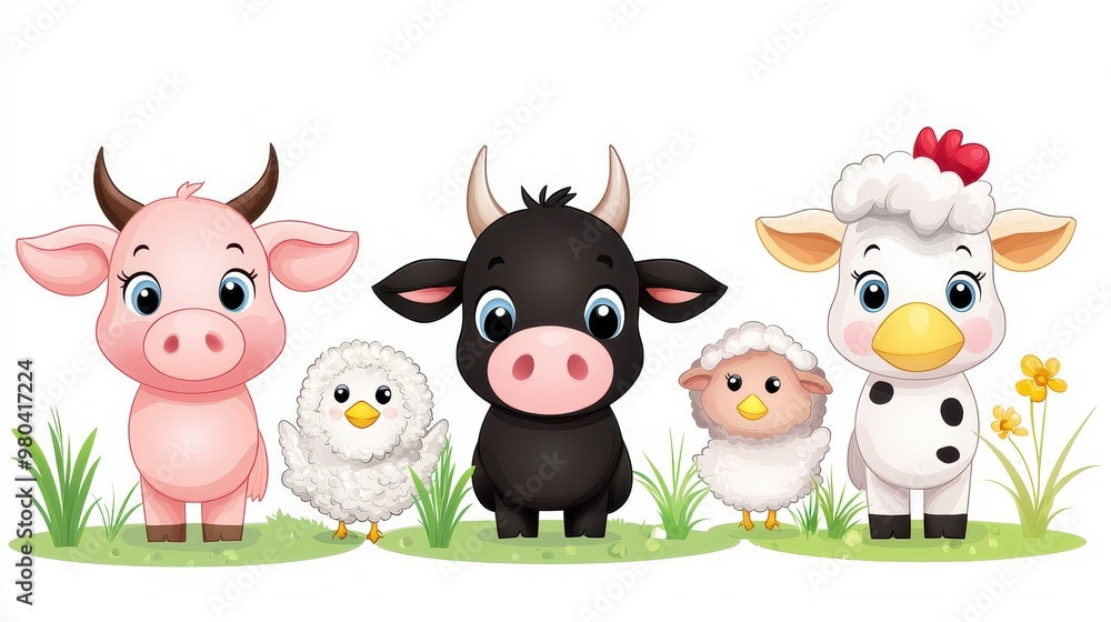Playful Cartoon Farm Animals - Cow, Pig, Sheep, Chicken Clipart Illustrations Set on White Background Playful Cartoon Farm Animals - Cow, Pig, Sheep, Chicken Clipart Illustrations Set on White Background