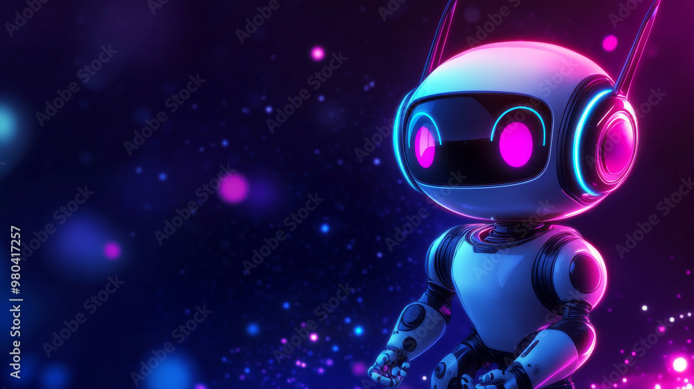 Adorable neon cartoon robot. AI content creator. Chatbot technology, isometric. Tech and engineering. AI chatbot utilizing artificial intelligence and neural networks. Online training banner. Adorable neon cartoon robot. AI content creator. Chatbot technology, isometric. Tech and engineering. AI chatbot utilizing artificial intelligence and neural networks. Online training banner.