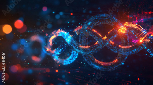 Software engineering operations infinity sign. The idea of development operations, interaction between programmers and engineers, data handling. DevOps banner featuring a holographic lifecycle infinit