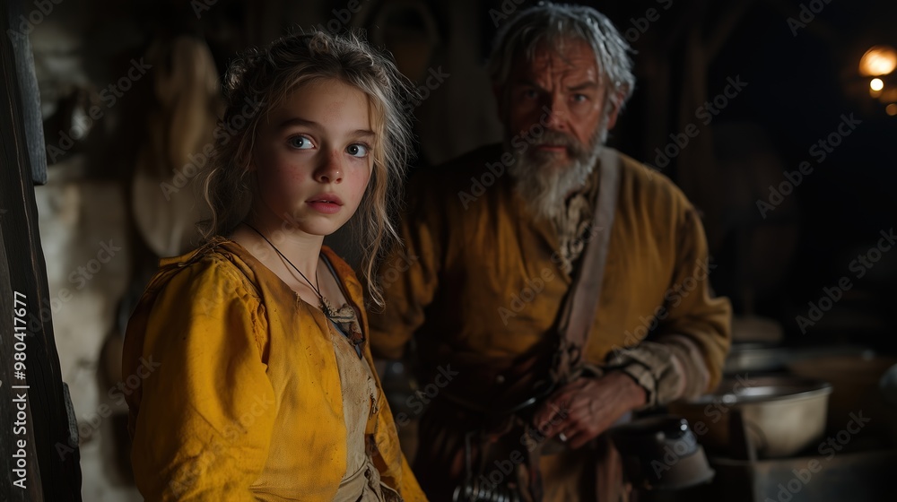 Fantasy character encounter with millers daughter and elderly man in rustic setting Fantasy character encounter with millers daughter and elderly man in rustic setting