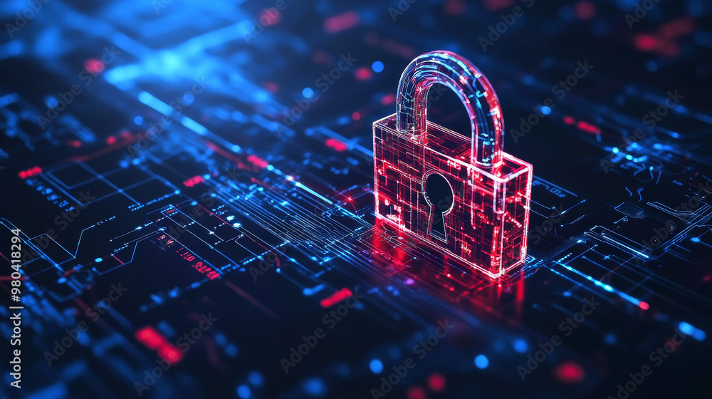 © Hikmet - Cybersecurity. Digital lock icon, cybersecurity tech network data protection, virtual dashboard. Online internet authorized access against cyber threats, privacy business data concept.