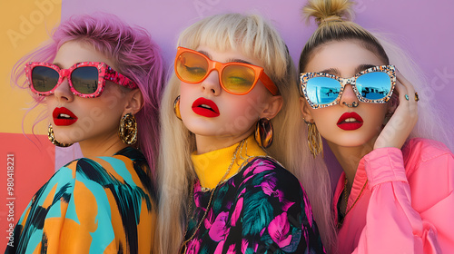 Fashion of young girls from the 80s and 90s, showcasing vibrant neon hues, high-waisted jeans, scrunchies, and voluminous hairstyles