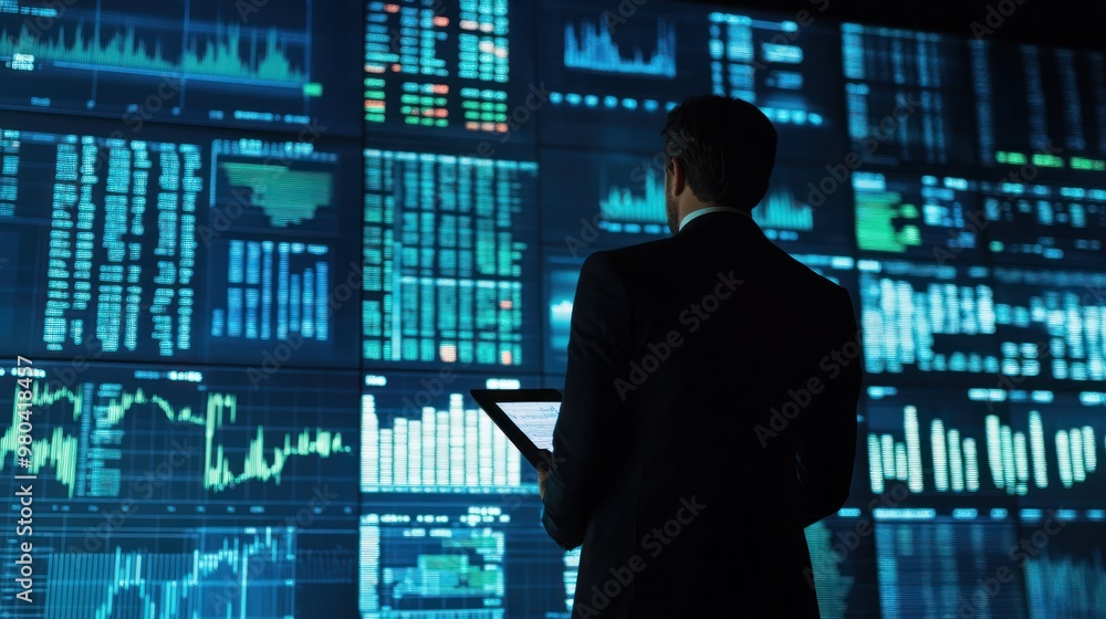 A businessman reviewing a financial report in front of a large screen displaying stock market data Close-up photo with clean background A businessman reviewing a financial report in front of a large screen displaying stock market data Close-up photo with clean background