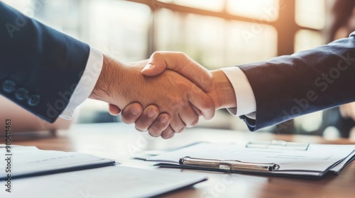 A businessman shaking hands over a desk with financial documents, symbolizing successful business agreements in banking Close-up photo with clean background