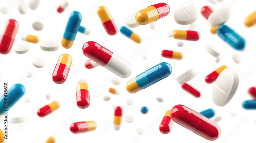 A cascade of antibiotic pill capsules falling gracefully in mid-air, captured in sharp focus against a pure white background, highlighting the vibrant colors and smooth texture of each capsule. A cascade of antibiotic pill capsules falling gracefully in mid-air, captured in sharp focus against a pure white background, highlighting the vibrant colors and smooth texture of each capsule.