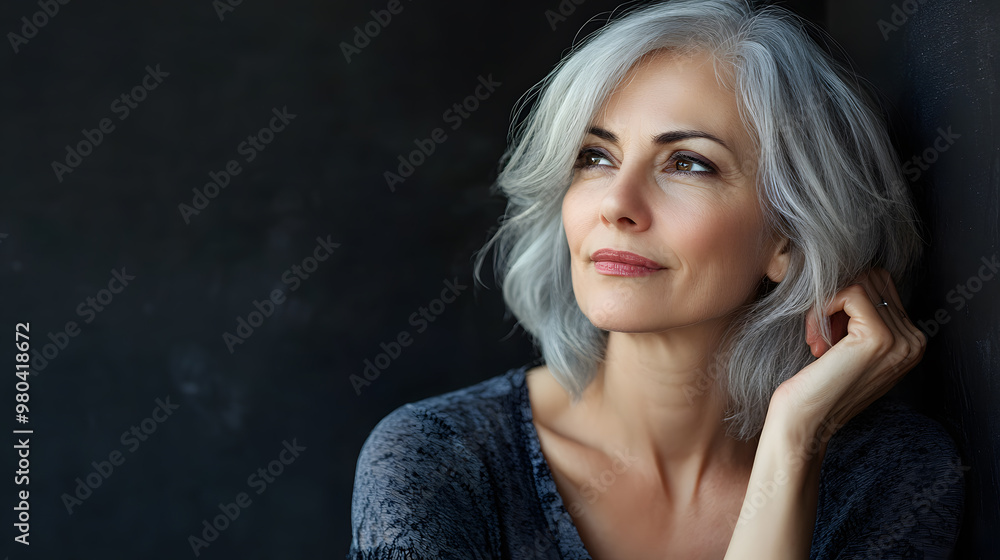Portrait of a beautiful older woman with gracefully grey hair isolated on dark grey background Portrait of a beautiful older woman with gracefully grey hair isolated on dark grey background
