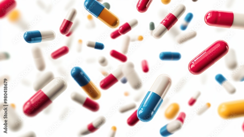A cascade of antibiotic pill capsules falling gracefully in mid-air, captured in sharp focus against a pure white background, highlighting the vibrant colors and smooth texture of each capsule. A cascade of antibiotic pill capsules falling gracefully in mid-air, captured in sharp focus against a pure white background, highlighting the vibrant colors and smooth texture of each capsule.