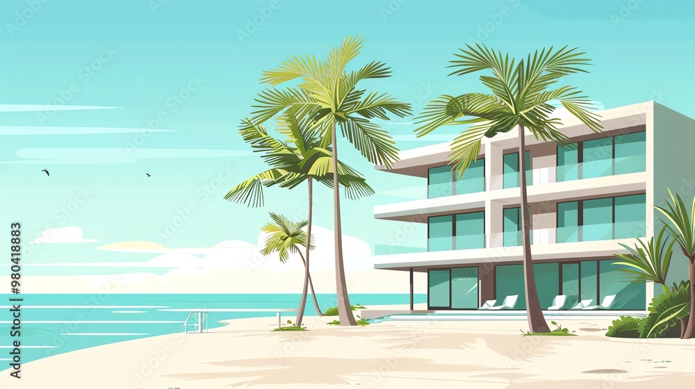 Beachfront hotel, ocean view, flat design illustration Beachfront hotel, ocean view, flat design illustration