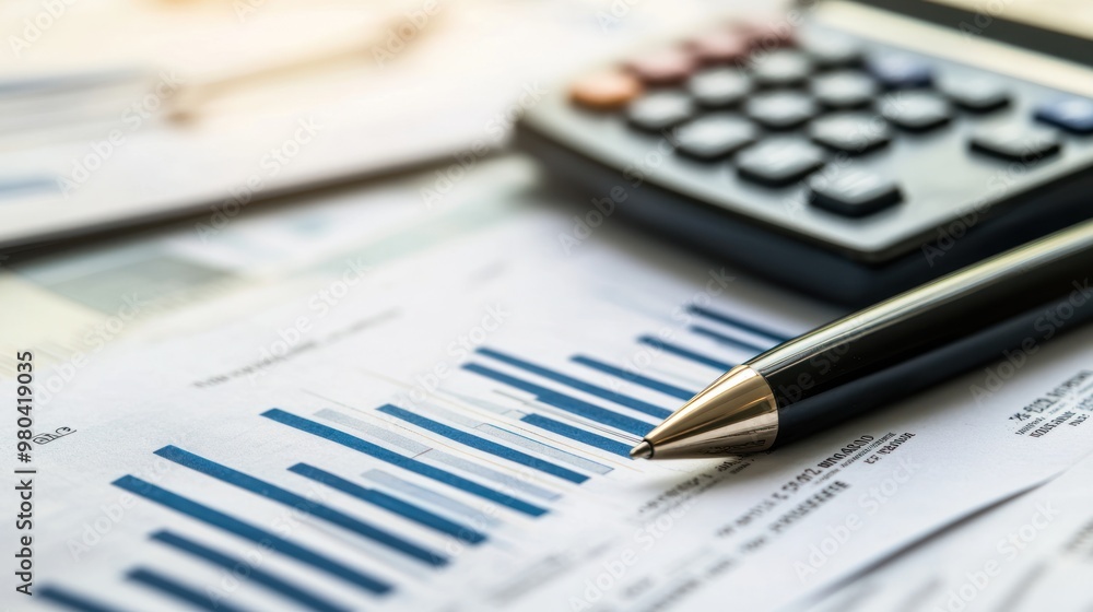 A close-up of a calculator, pen, and financial statements on a desk, representing budgeting and financial planning Close-up photo with clean background A close-up of a calculator, pen, and financial statements on a desk, representing budgeting and financial planning Close-up photo with clean background