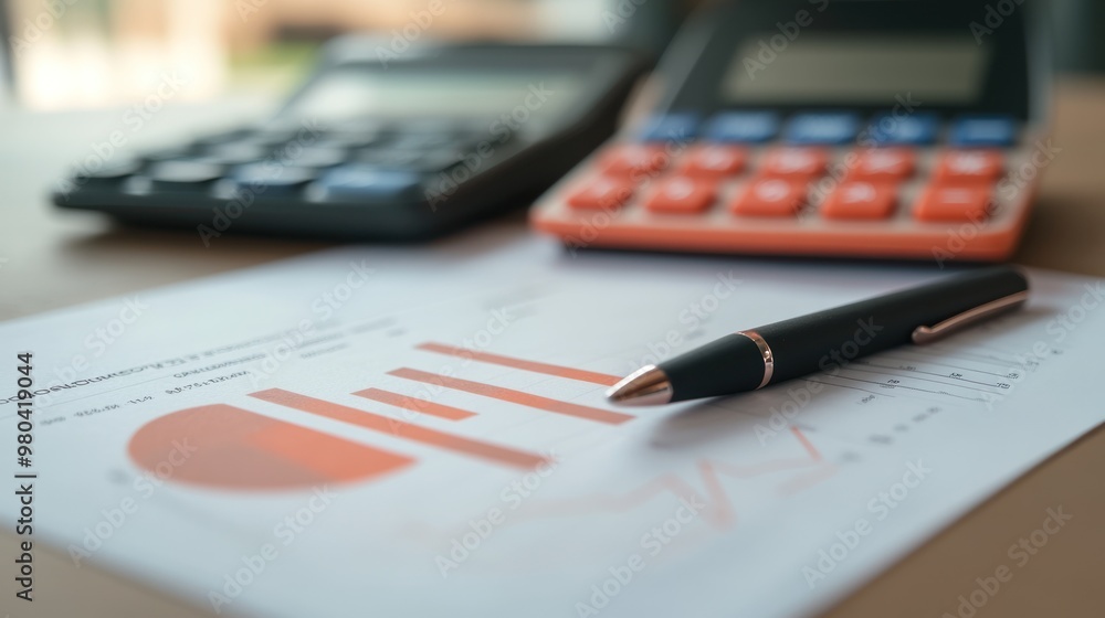 A close-up of a calculator, pen, and financial statements on a desk, representing budgeting and financial planning Close-up photo with clean background A close-up of a calculator, pen, and financial statements on a desk, representing budgeting and financial planning Close-up photo with clean background