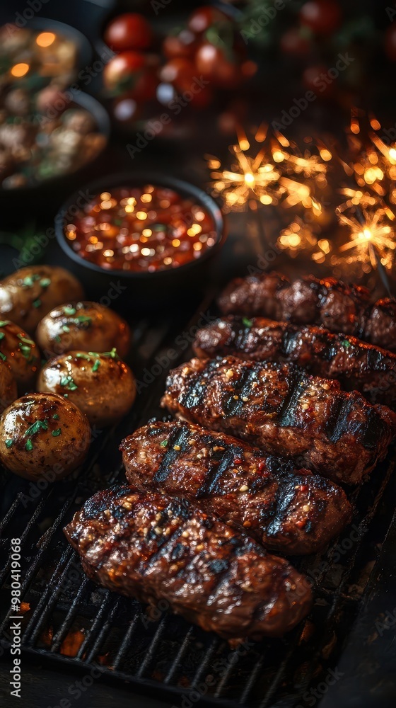 patriotic barbecue feast sizzling grill with starsandstripes themed foods sparklers and festive summer atmosphere patriotic barbecue feast sizzling grill with starsandstripes themed foods sparklers and festive summer atmosphere